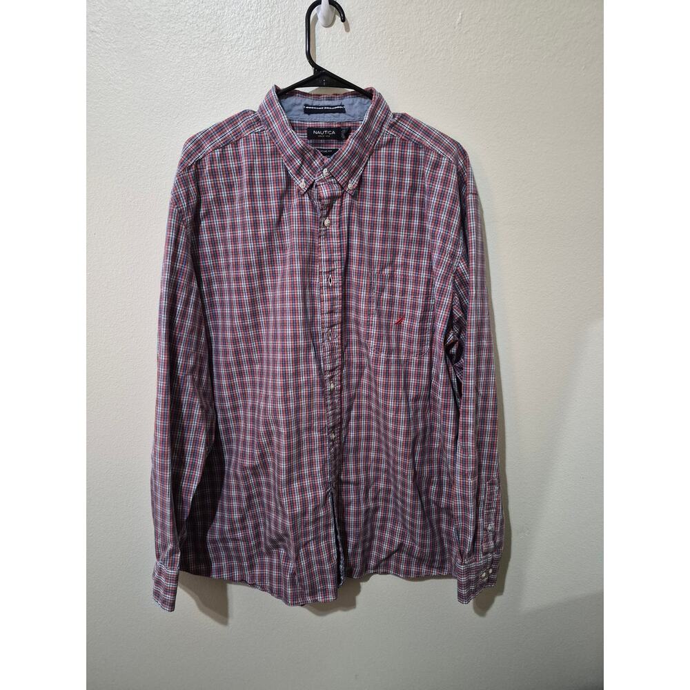 Nautica Mens XXL Classic Fit Plaid Button-Down Shirt Red Navy White Long Sleeve